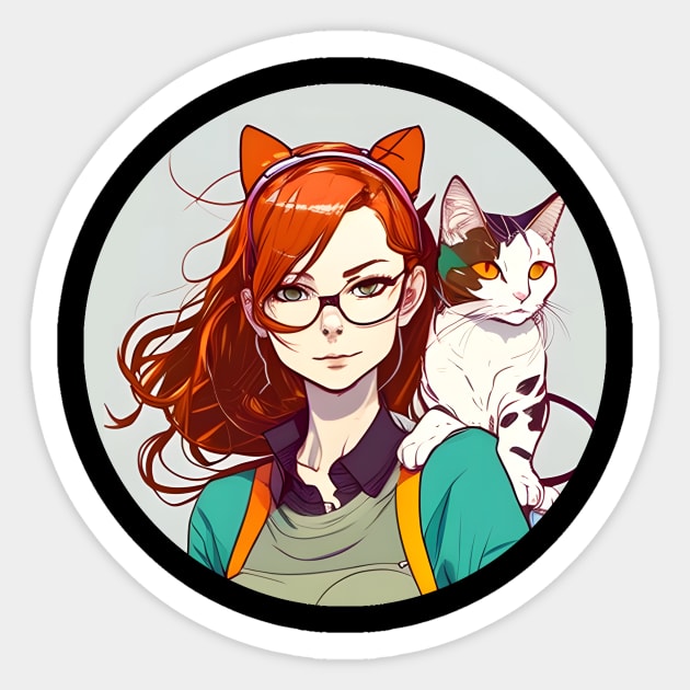 Kawaii Anime girl and Cat' Sticker