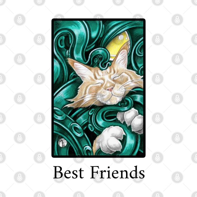 Ginger Cat and Cthulhu Friend - Best Friends - Black Outlined Version by Nat Ewert Art