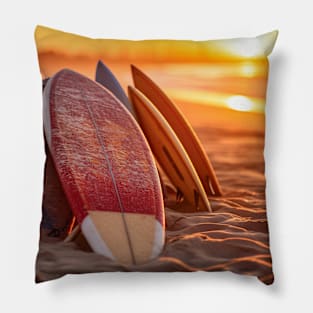 Surf School and Surfboards on the sunset beach sand Pillow