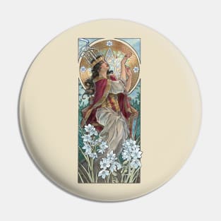 Lady of December with White Narcissus and Saint Lucy Candle Crown Goddess Mucha Inspired Birthstone Series Pin