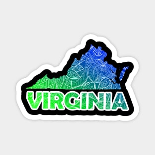 Colorful mandala art map of Virginia with text in blue and green Magnet