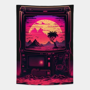 Retro Futuristic Computer Displaying Synthwave Sun Tapestry