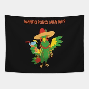 The Happy party parrot with a Mexican hat and a drink ready for some fun Tapestry