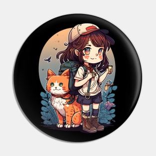 Girl & Orange Cat Kawaii Anime Floral Cat Lover Pin