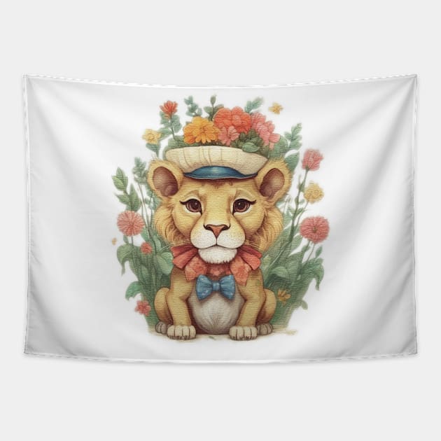 a cute little lion wearing a hat and a bow tie Tapestry by JnS Merch Store