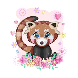 Red panda in flowers with beautiful eyes T-Shirt