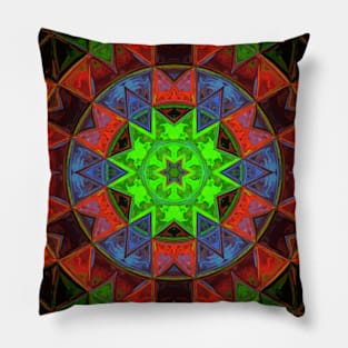 Mosaic Kaleidoscope Flower Green Red and Blue Pillow