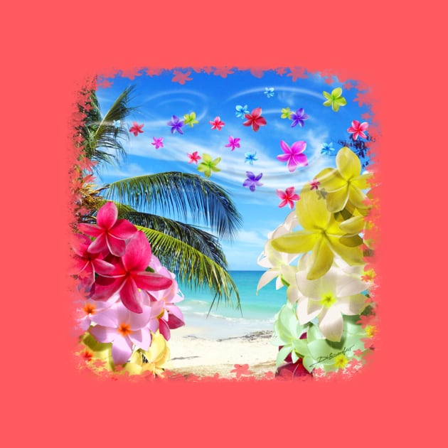 Tropical Beach and Exotic Plumeria Flowers by BluedarkArt