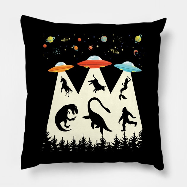 Vintage Alien Abduction T rex Loch Ness Bigfoot Funny UFO Pillow by Pennelli Studio