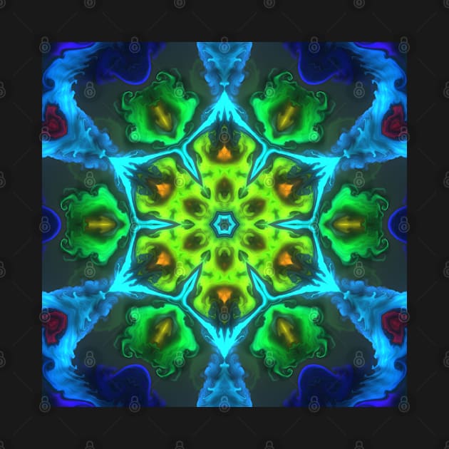 Psychedelic Kaleidoscope Flower Green Blue and Orange by WormholeOrbital