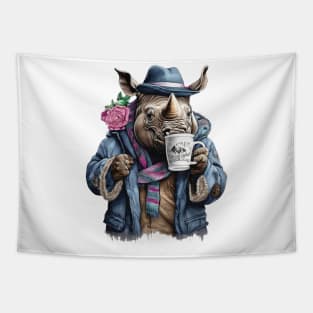 Rhinoceros wearing a jackets holding a cup coffee Tapestry