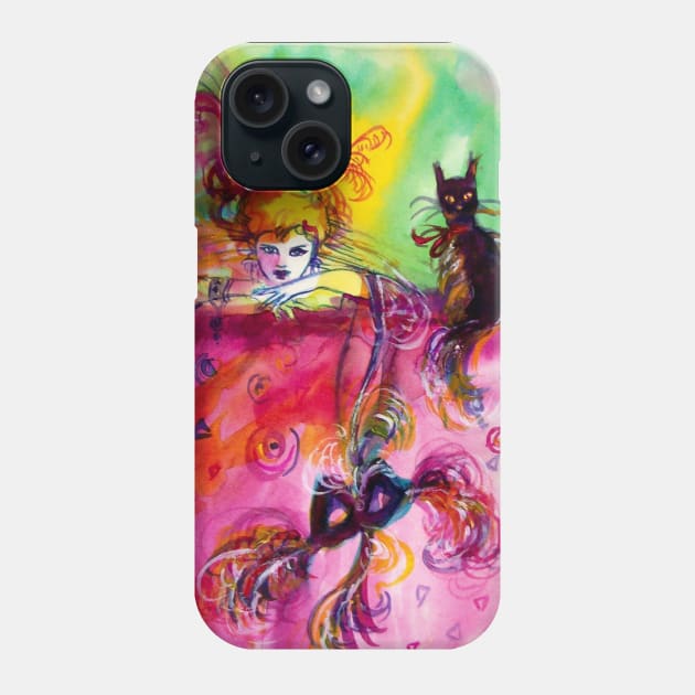 LADY WITH MASK AND BLACK CAT  Venetian Masquerade Night in Pink Phone Case by BulganLumini