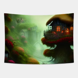 Sparkling Fantasy Cottage with Lights and Glitter Background in Forest, Scenery Nature Tapestry