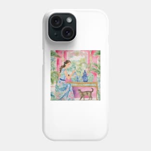 Girl in preppy dress and her cat in chinoiserie interior Phone Case