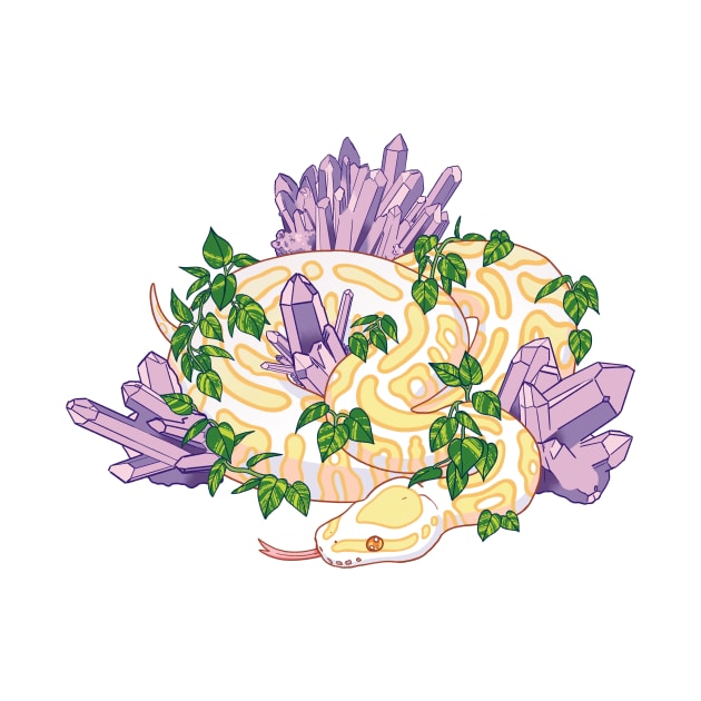 yellow morph ball python amongst amethyst crystals and pothos plant design by pupperoni