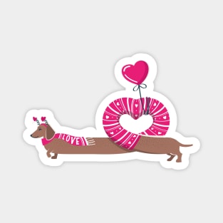 Dachshunds long love // fuchsia pink hearts scarves sweaters and other Valentine's Day details brown funny weiner dog puppy Scale + Placement Primary Tag Magnet