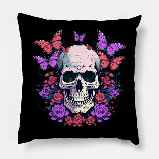 Psychedelic Neon Skull with Roses and Butterflies Pillow by TOKEBI