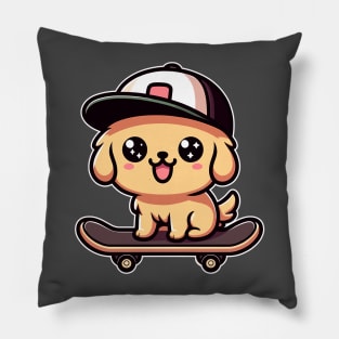 Golden Retriever Puppy On A Skateboard Kawaii Skateboarding Dog Pillow