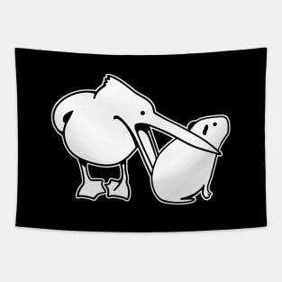 Minimalist art of a funny event with Pelican and Capybara in white ink Tapestry