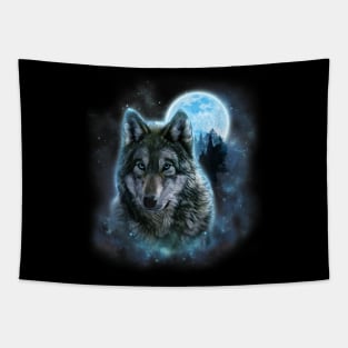 Grey Wolf Hunting Ground with Icy Moon in Forest, Galaxy Tapestry