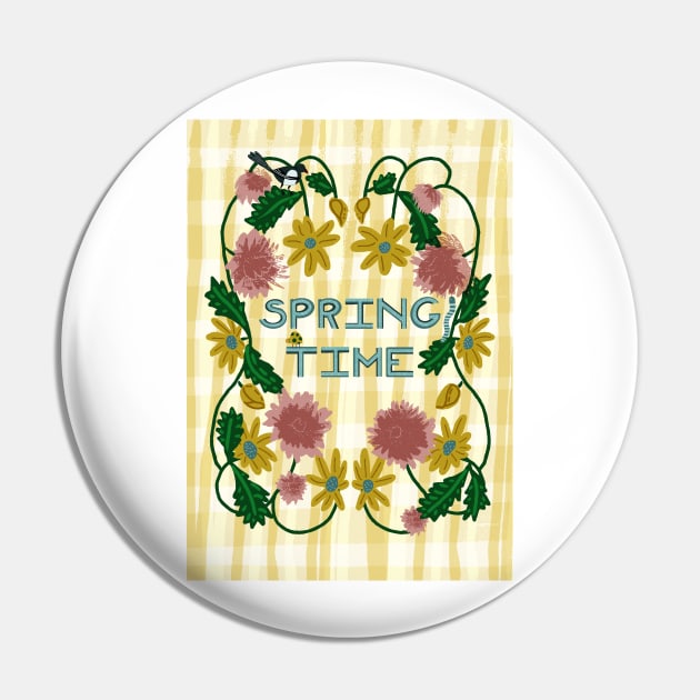 Spring Time Floral Wreath with Yellow Daisies, Caterpillar, Magpie, and Ladybug on Plaid | pink, yellow Pin by Ipoole