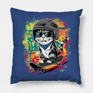 A unique and fun design featuring a stylish cat wearing a helmet and skateboarding. (3) Pillow