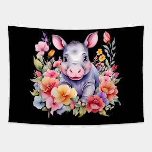 A baby hippo decorated with beautiful watercolor flowers Tapestry