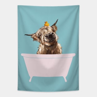 Playful Highland Cow in Bathtub Tapestry