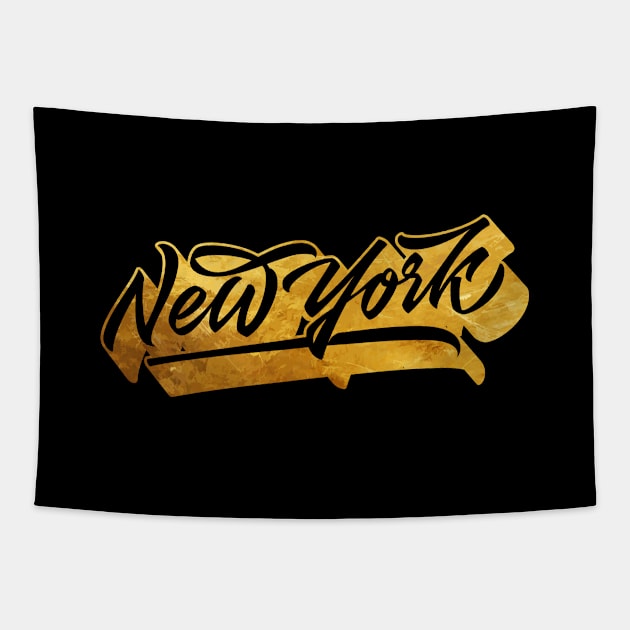 New York lettering calligraphy in black and gold Tapestry by Already Original