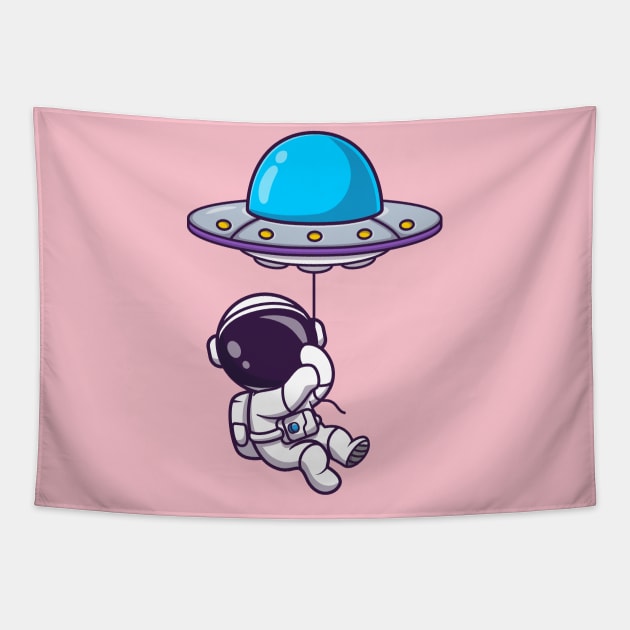 Cute Astronaut Floating With UFO Balloon Cartoon Tapestry by Catalyst Labs