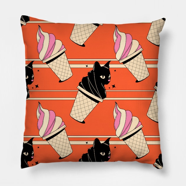 Ice Cream Black Cat Pattern in orange Pillow by The Charcoal Cat Co.