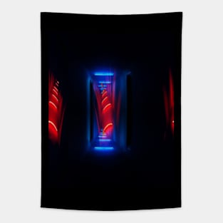 Digital collage and special processing. Sci-fi and mystic. Corridor. Red and blue lights. Tapestry