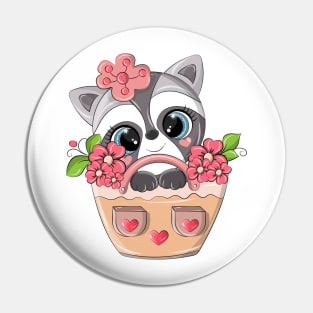 Cute raccoon sitting in a basket with flowers. Pin