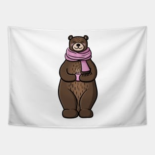 Cute Bear in a Fuzzy Pink Scarf with a Cup of Hot Chocolate Tapestry