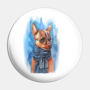 Smart Chihuahua dog with glasses, watercolor print. Pin