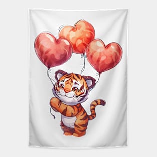 Valentine Tiger Holding Heart Shaped Balloons Tapestry