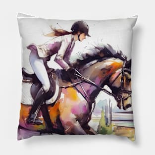 Artistic illustration of equestrian rider jumping a gate Pillow