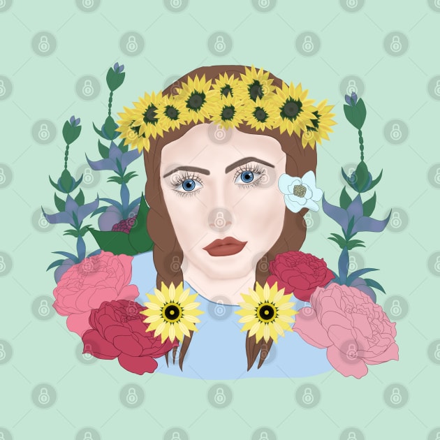 Girl with blue eyes with sunflowers and peonies by KateQR