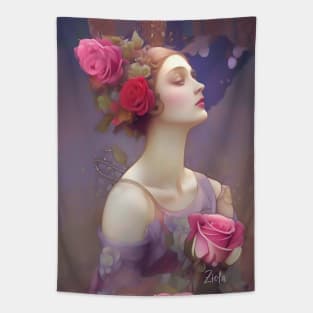 Beautiful Goddess a Art Deco Girl with Roses Tapestry