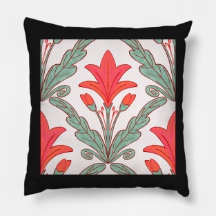 Regency style modern floral damask medallion pattern in deep melon red and sage green Pillow