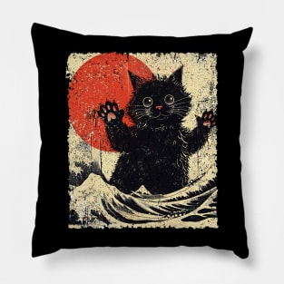 Catzilla Cat Sunset Japanese Art Funny Pillow