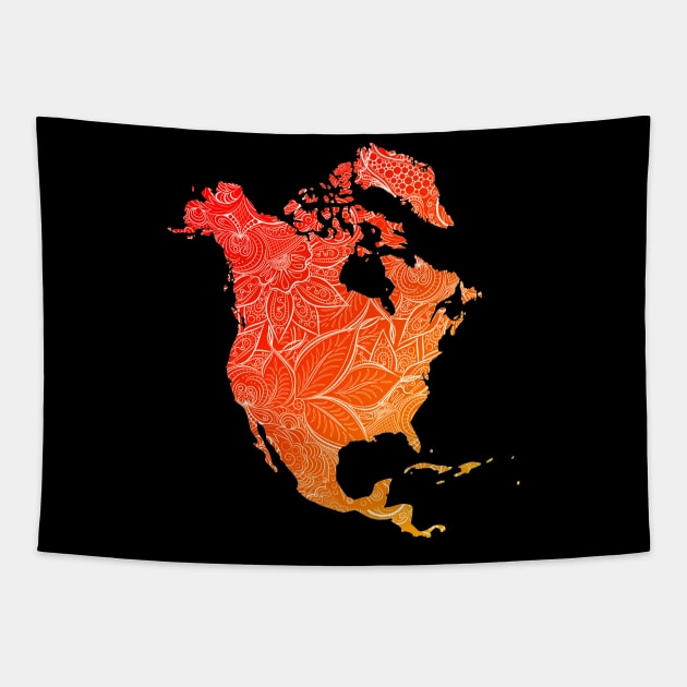 Colorful mandala art map of North America with text in red and orange Tapestry by Happy Citizen