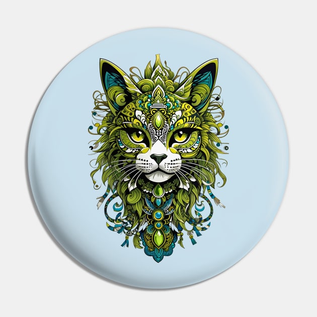 Limegreen Kitten tribal art retro vintage boho design Pin by Neon City Bazaar