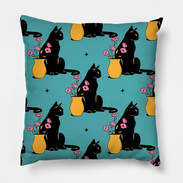 Playful Black Cat Pattern in blue Pillow by The Charcoal Cat Co.