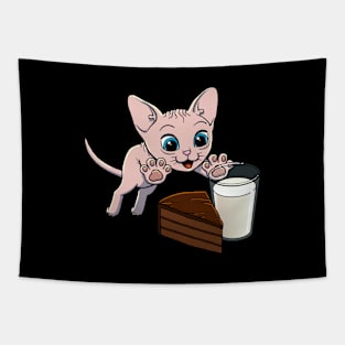 Sphynx Cat excited to have Chocolate Cake with Milk Tapestry