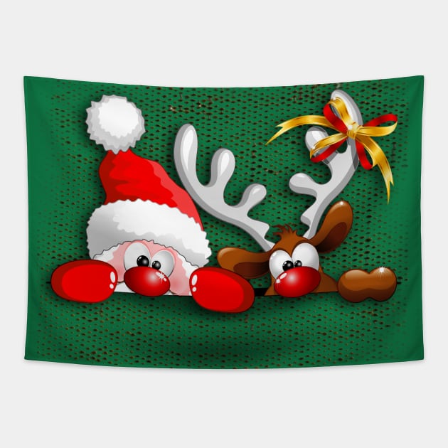 Funny Christmas Santa and Reindeer Cartoon Tapestry by BluedarkArt