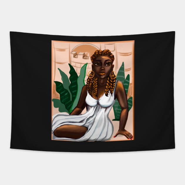 Cleopatra ii Queen Black is beautiful black woman art with crown, white dress and braids, brown eyes and dark brown skin ! Tapestry by Artonmytee