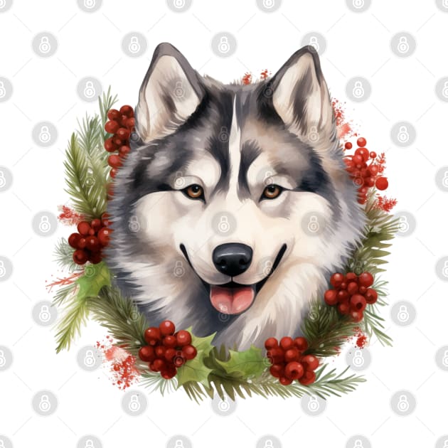 Christmas Husky Dog Wreath by Chromatic Fusion Studio