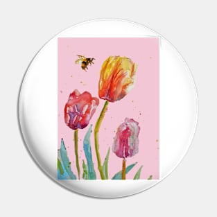 Tulip Flower Watercolor Painting and Bee on Blush Pink Pin