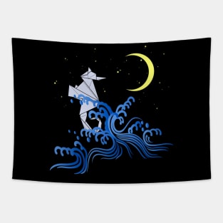 Origami seahorse with pattern, waves and moon Tapestry